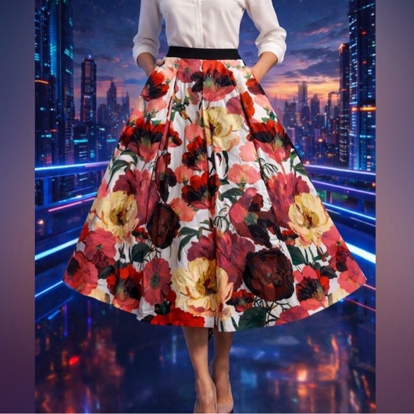 WHBM Floral Poppy Midi Full Skirt NWT Size 12 - Picture 2 of 16